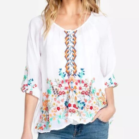 Johnny Was Tops - Johnny Was Workshop Sarah Blouse - White - Multicolor Embroidery - Floral - M